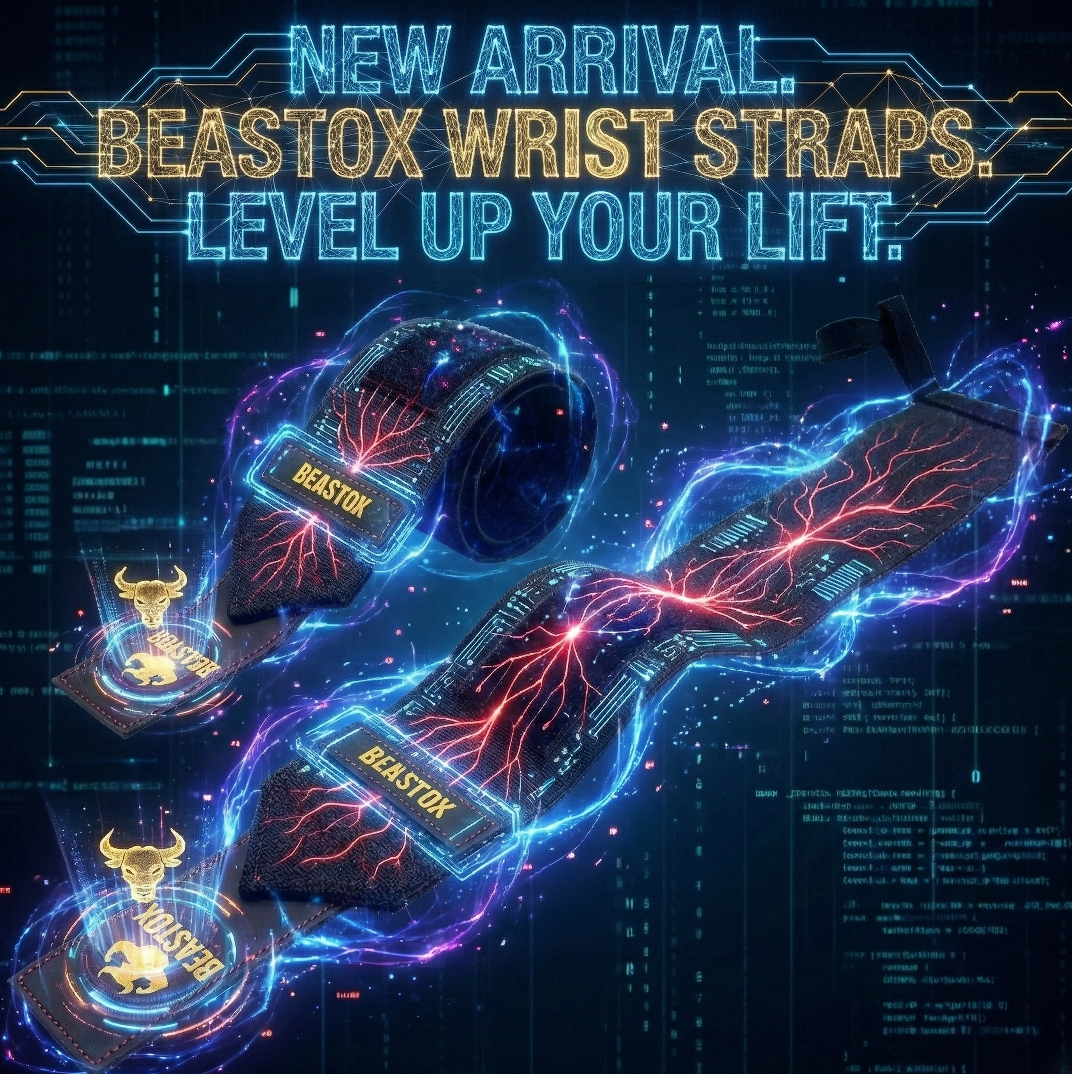 Futuristic promo of BEASTOX Professional Wrist Wraps – Heavy Duty Black Gold Edition with glowing effects, highlighting strength and performance upgrade.