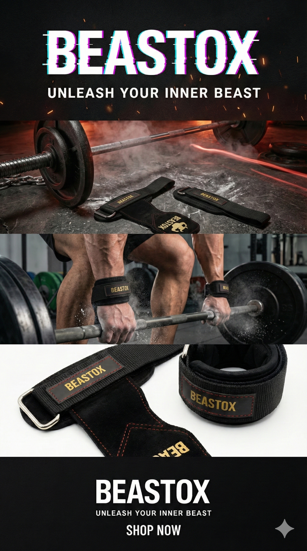 Promotional banner for BEASTOX Pro Weight Lifting Straps with action shots and product close-up, urging users to shop now.