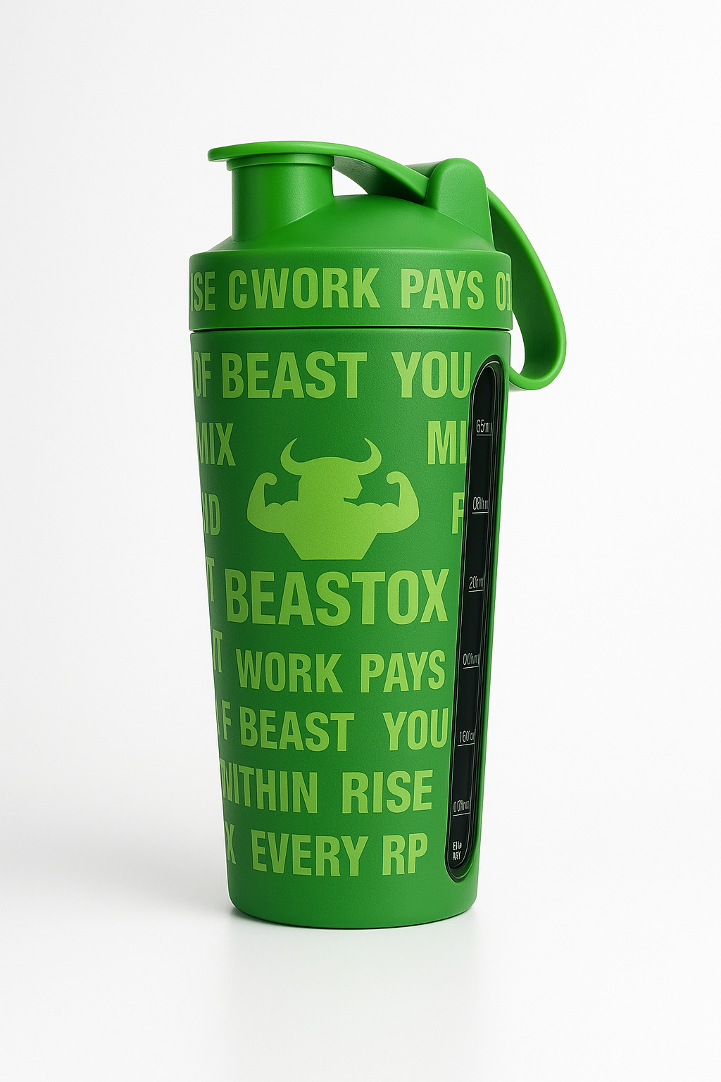 Green BEASTOX Performance Shaker with measurement window and motivational text, built for athletes needing precision and durability.