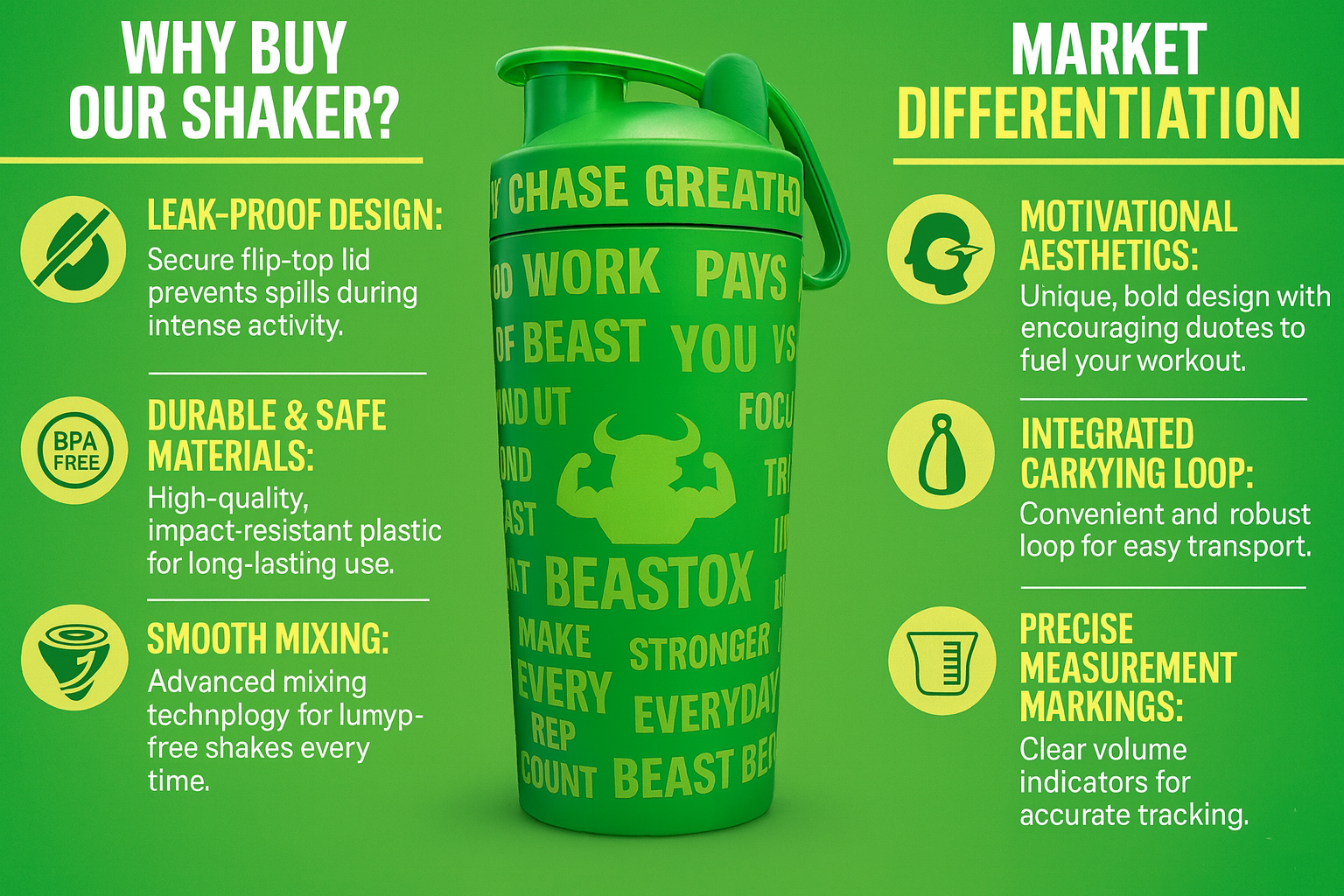 Infographic of green BEASTOX Performance Shaker highlighting leak-proof design, BPA-free materials, and motivational workout support.
