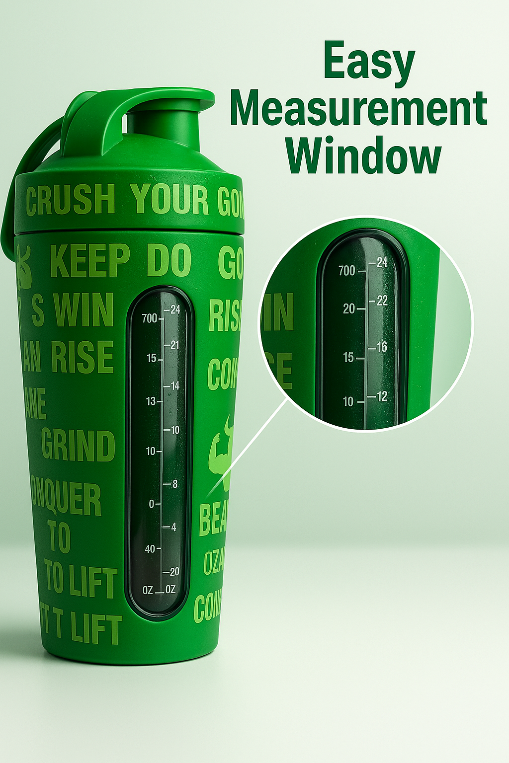 Close-up of green BEASTOX Performance Shaker’s measurement window, emphasizing easy volume tracking for fitness and nutrition goals.
