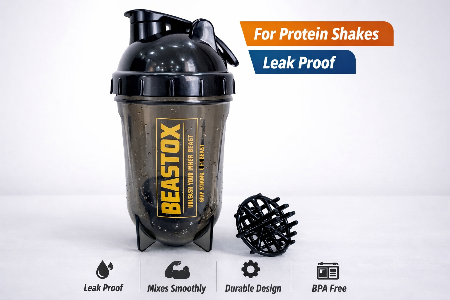 NIGHTFURY Protein Shaker Bottle by BEASTOX with icons for leak proof, mixes smoothly, and BPA-free, designed for fitness and kitchen use.