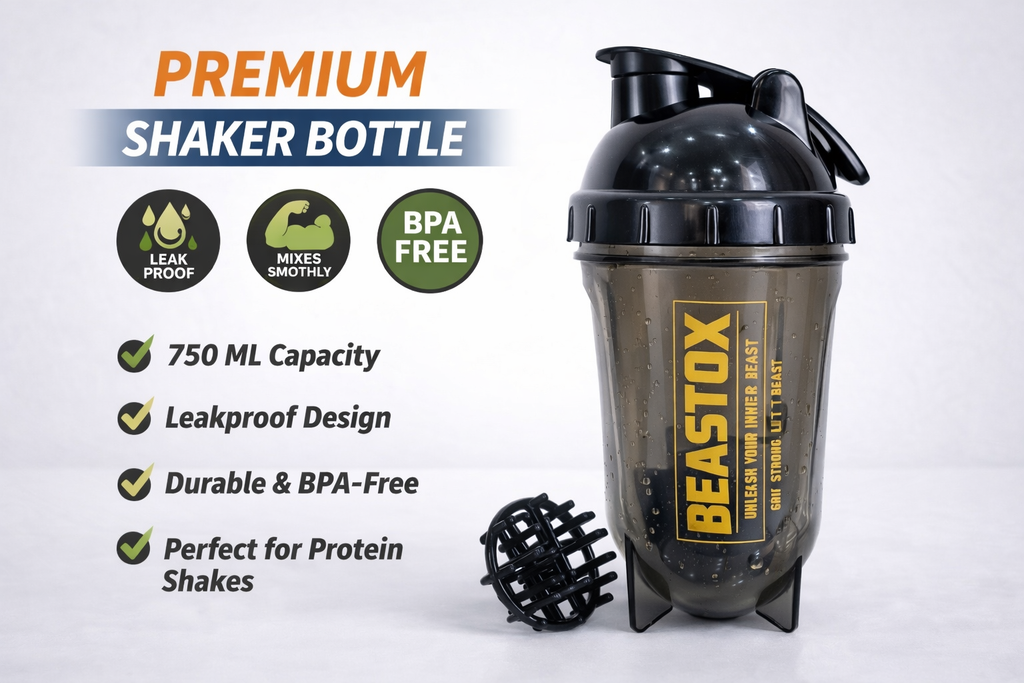 Premium NIGHTFURY Protein Shaker Bottle by BEASTOX with 750ml capacity, BPA-free label, and mixing ball, ideal for protein shake preparation.
