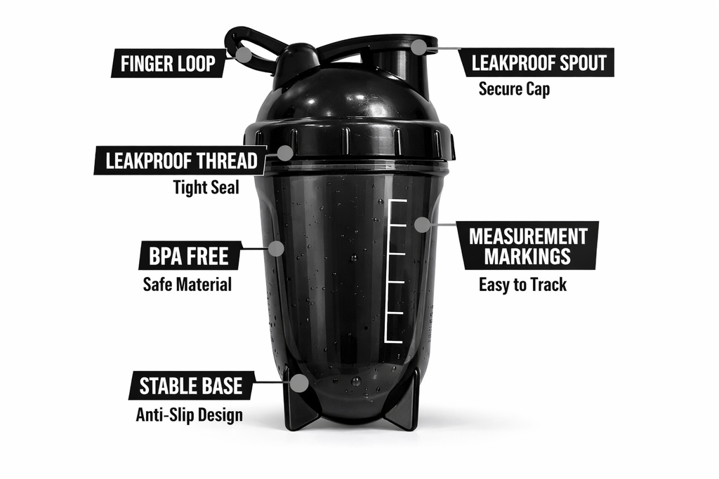 Labeled diagram of NIGHTFURY Protein Shaker Bottle by BEASTOX highlighting leakproof spout, BPA-free material, and measurement markings.