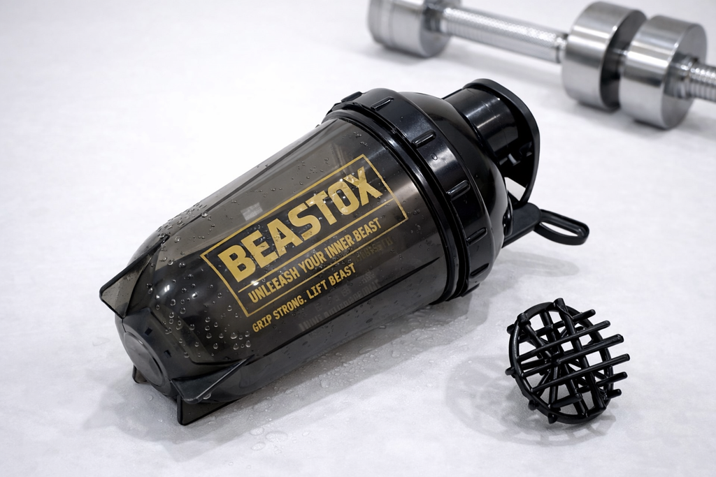 NIGHTFURY Protein Shaker Bottle by BEASTOX lying on side with mixing ball, showing leak-proof lid and durable BPA-free construction.