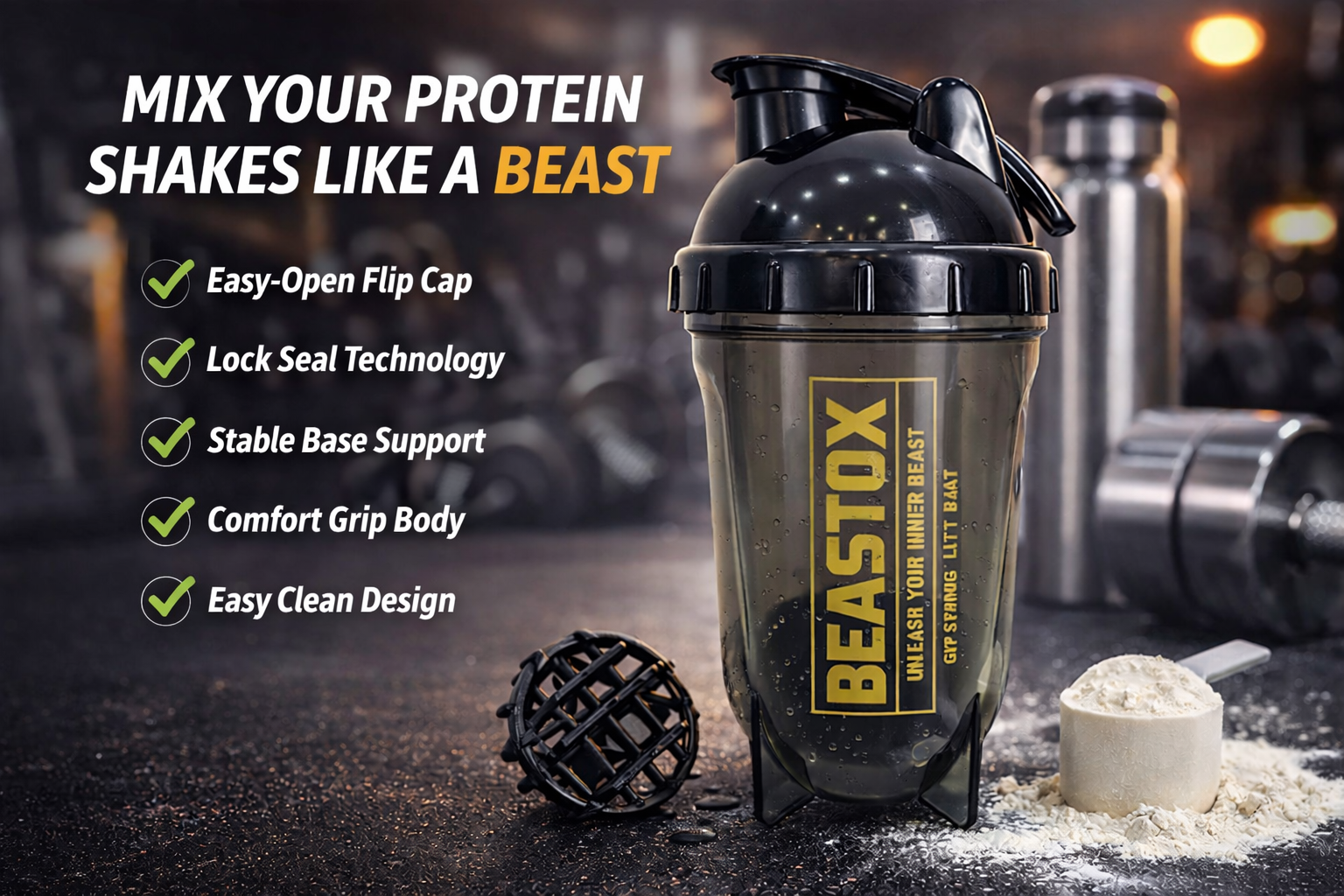 NIGHTFURY Protein Shaker Bottle by BEASTOX with feature list including flip cap, lock seal, and comfort grip, perfect for fitness enthusiasts.