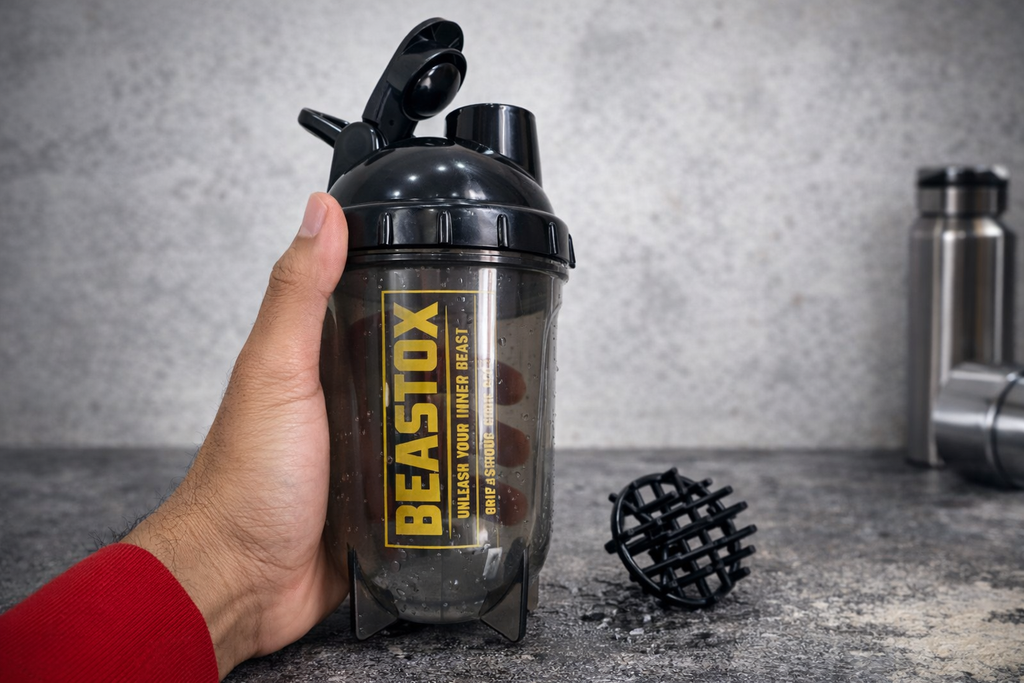 Close-up of NIGHTFURY Protein Shaker Bottle by BEASTOX in hand with mixing ball beside, ideal for pre and post-workout protein shakes.