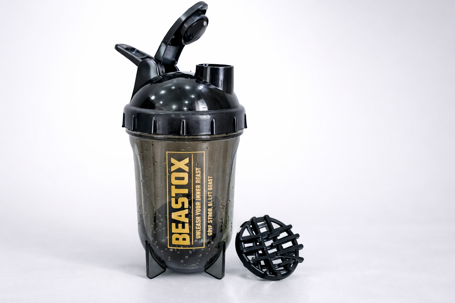 NIGHTFURY Protein Shaker Bottle by BEASTOX with flip cap and mixing ball on white background, emphasizing its BPA-free and leak-proof features.