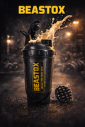 NIGHTFURY Protein Shaker Bottle by BEASTOX splashing protein shake in a gym setting, showcasing its leak-proof flip cap and rugged design.