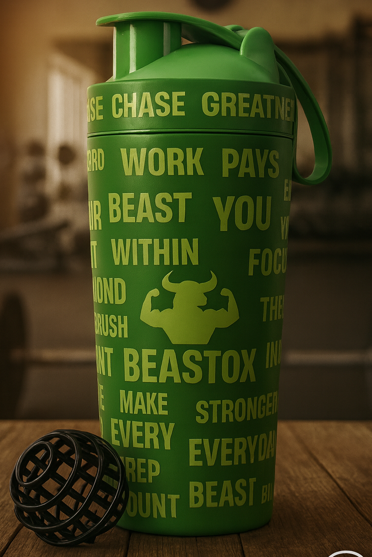Green BEASTOX Performance Shaker with bold motivational text and cage mixing ball, ideal for smooth mixing and fitness routines.