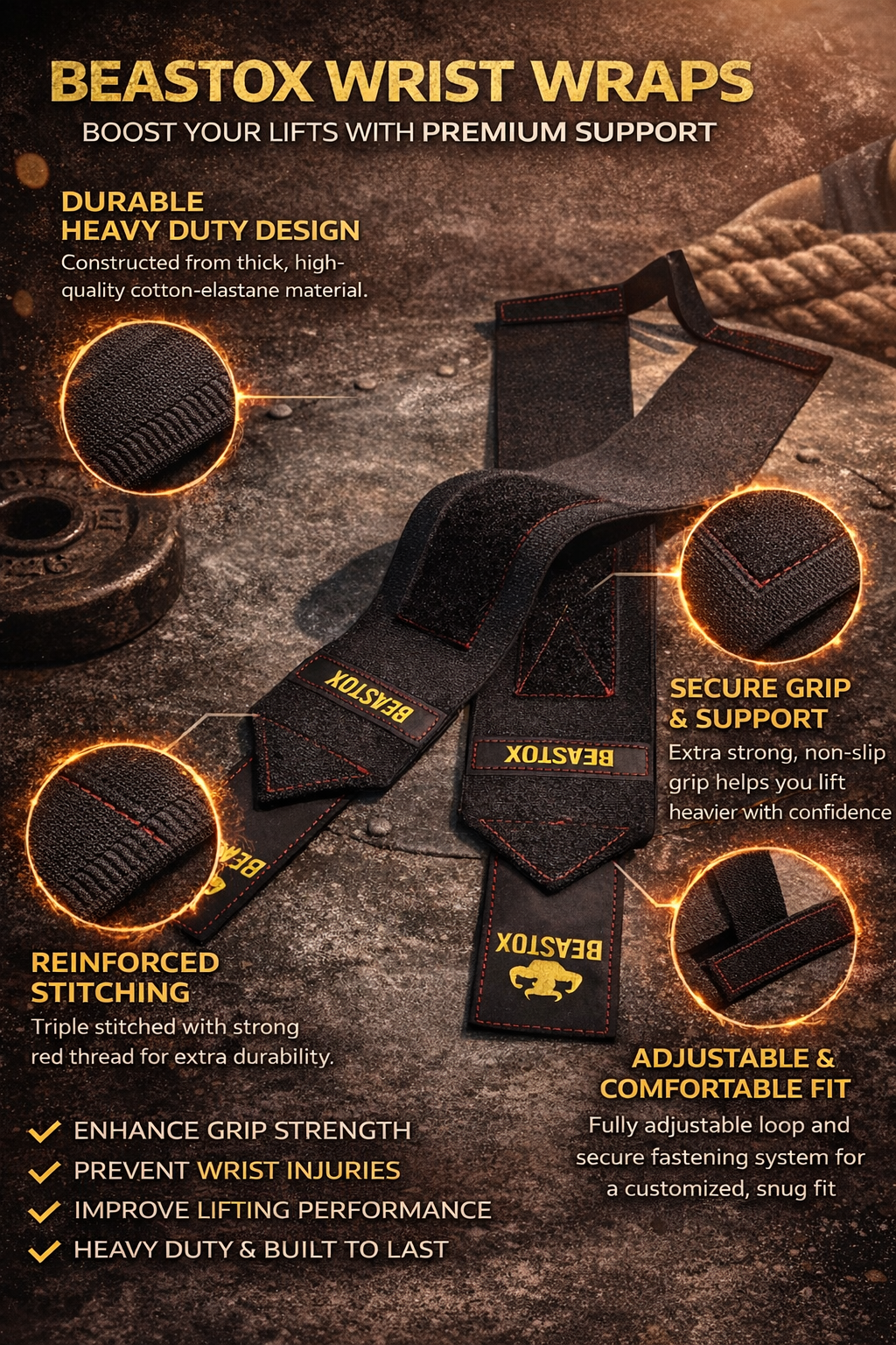 BEASTOX Professional Wrist Wraps – Heavy Duty Black Gold Edition infographic showing durable design, reinforced stitching, and adjustable fit for lifting support.