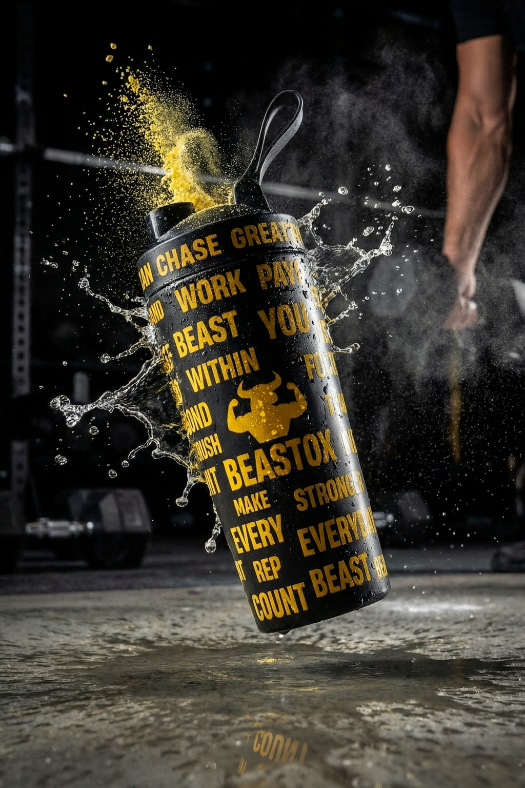 Black BEASTOX Performance Shaker mid-air with splash effect, featuring motivational text and durable leak-proof lid for gym use.