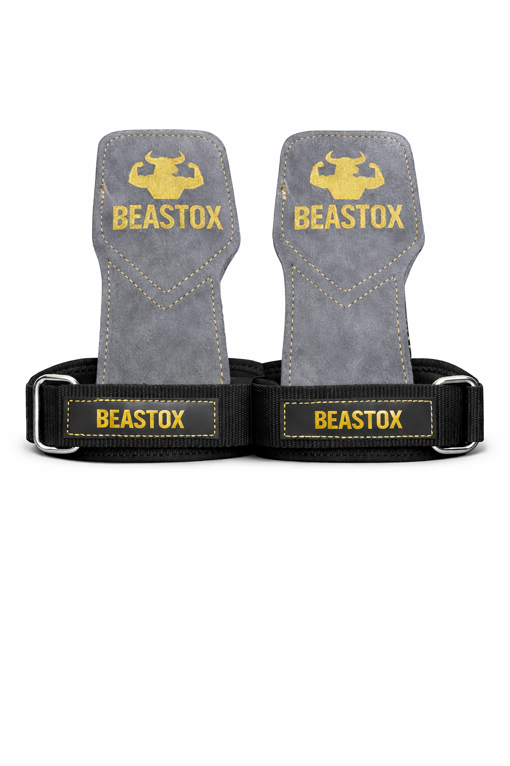 Front-facing view of BEASTOX Pro Weight Lifting Straps with grey suede grip and black wrist wrap, displayed on white background.
