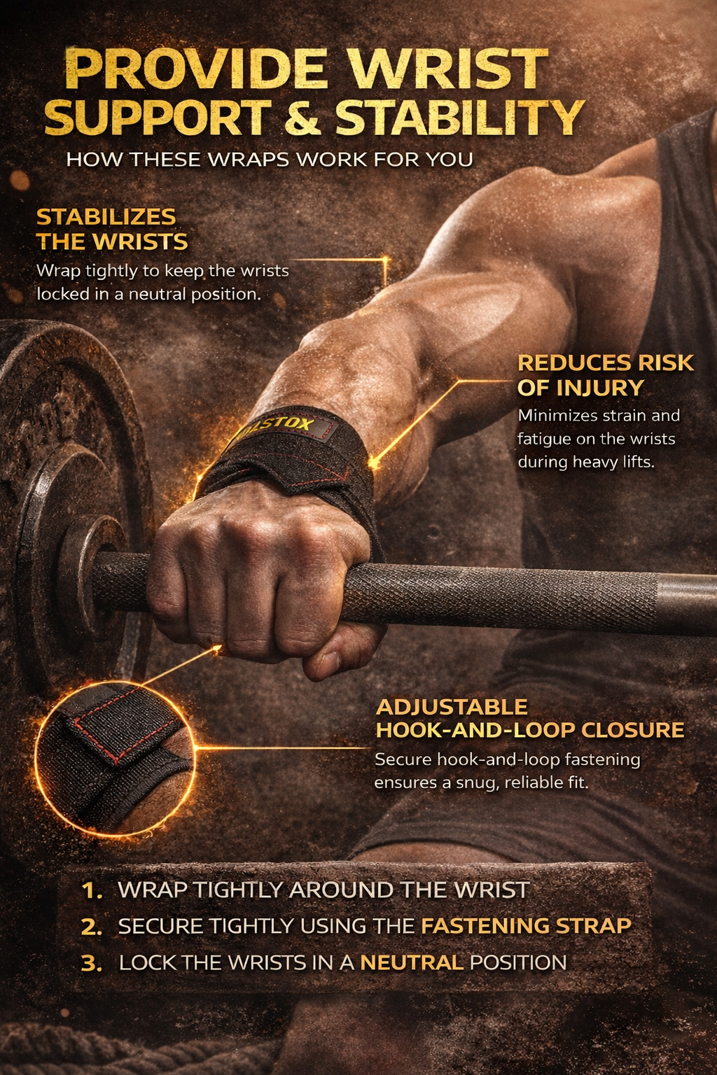 Instructional graphic of BEASTOX Professional Wrist Wraps – Heavy Duty Black Gold Edition explaining wrist stabilization, injury reduction, and secure fit.