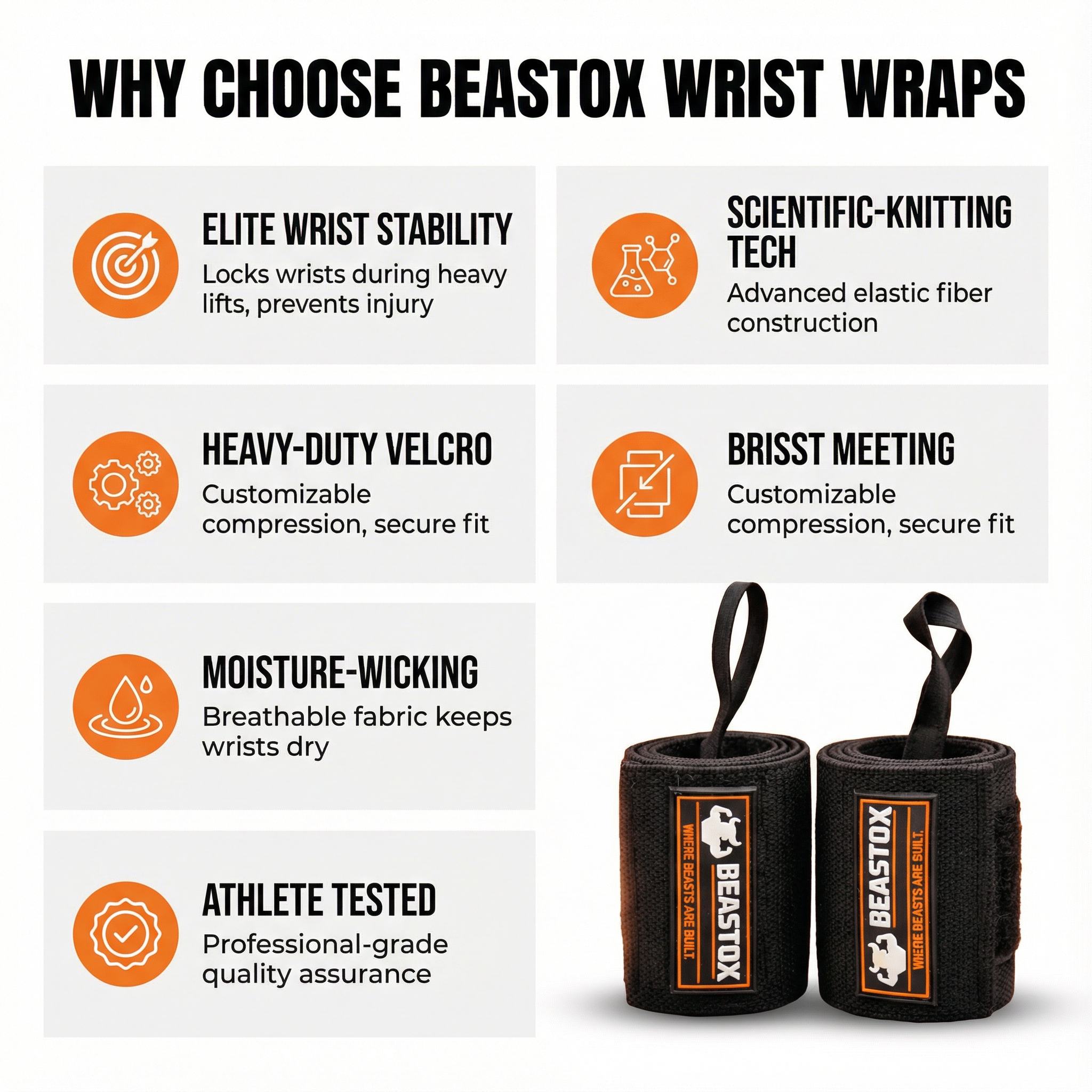 BEASTOX Wrist Wraps for Gym & Powerlifting | Heavy Duty Wrist Support Wraps for Heavy Lifting | Adjustable Compression for Training