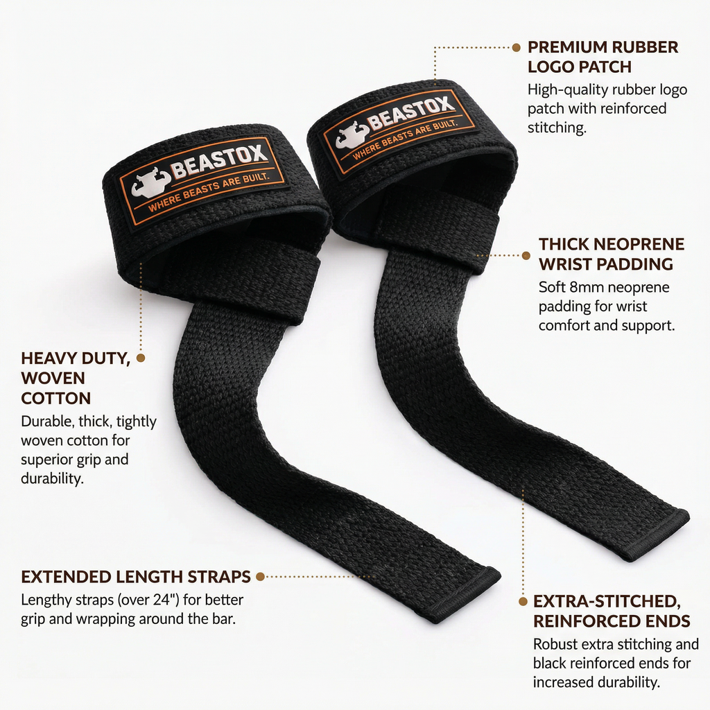 Beastox Lifting Straps, Heavy Duty Woven Cotton, Padded Wrist Support, for Deadlifts Rows Pull-Ups (Red)