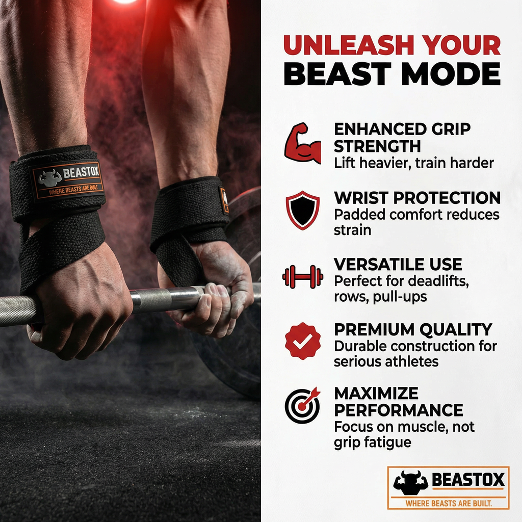 Beastox Lifting Straps, Heavy Duty Woven Cotton, Padded Wrist Support, for Deadlifts Rows Pull-Ups (Red)
