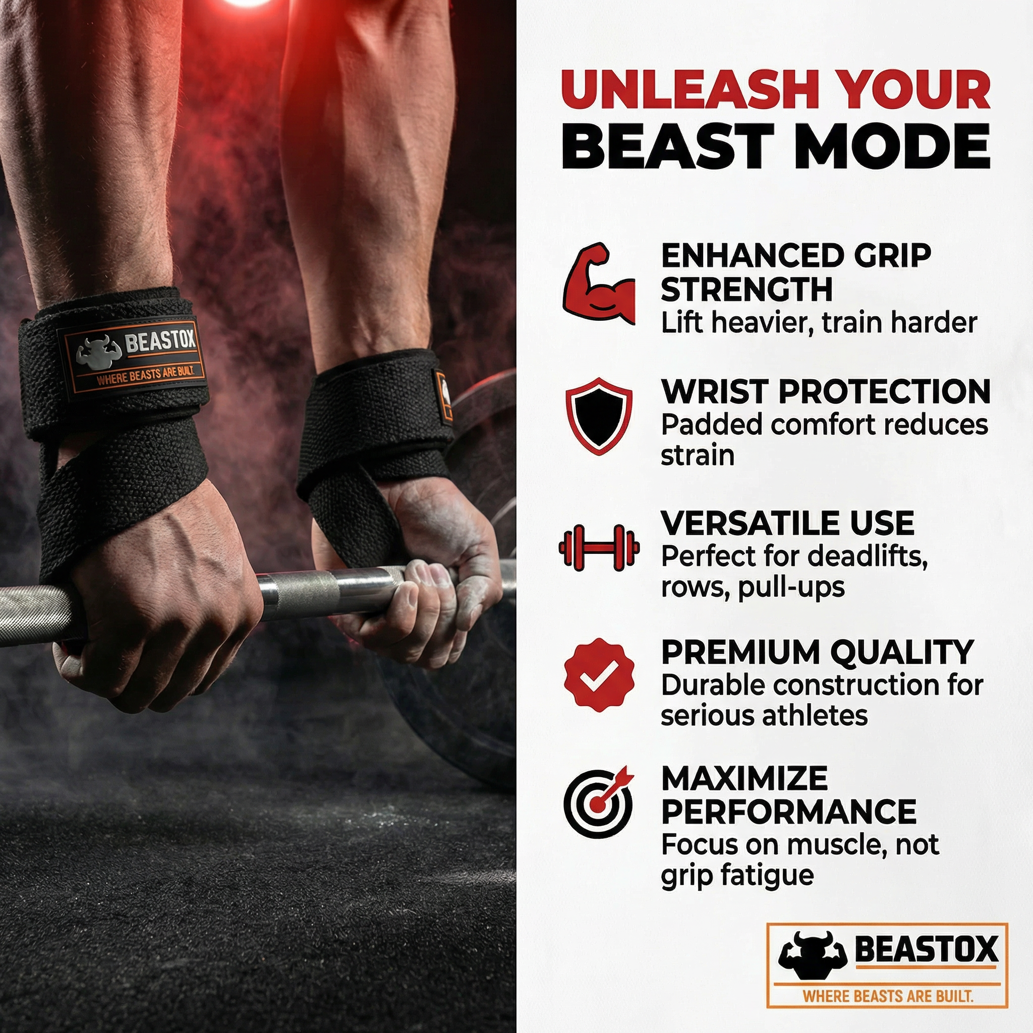 Beastox Lifting Straps, Heavy Duty Woven Cotton, Padded Wrist Support, for Deadlifts Rows Pull-Ups (Red)