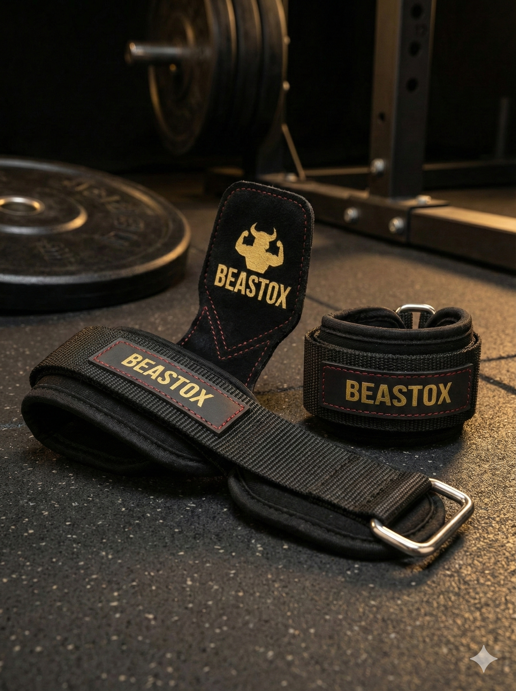 BEASTOX Pro Weight Lifting Straps with suede grip and padded wrist support shown in a gym setting with barbell and weight plates.