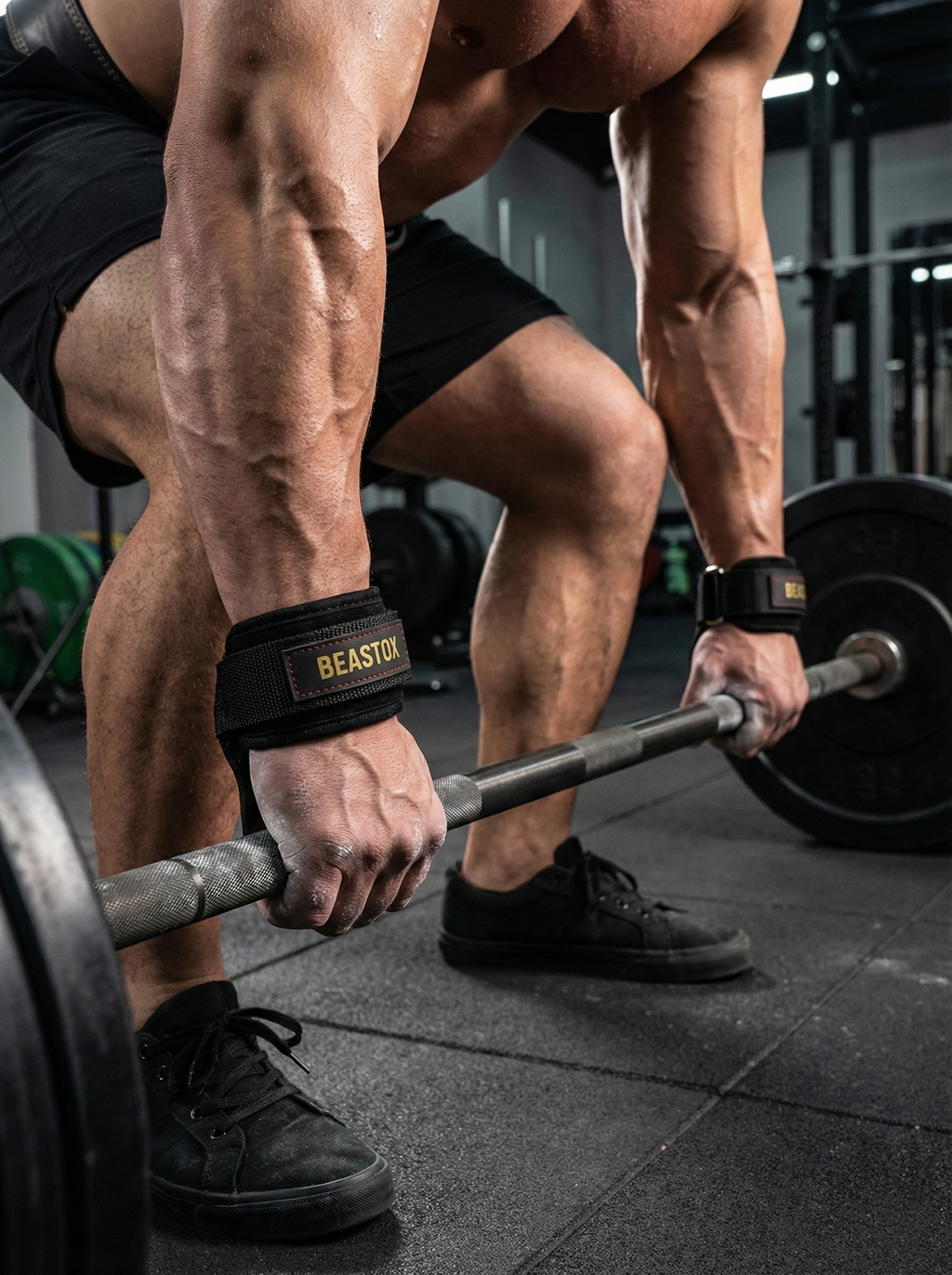 Athlete using BEASTOX Pro Weight Lifting Straps while deadlifting in a gym, showcasing secure grip and wrist support.