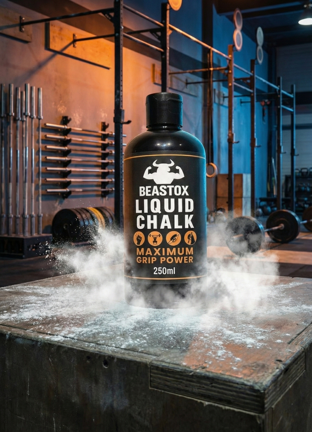 Beast Ox Liquid Chalk 250ml bottle on gym platform with chalk dust, ideal for weightlifting grip enhancement in fitness training environments.