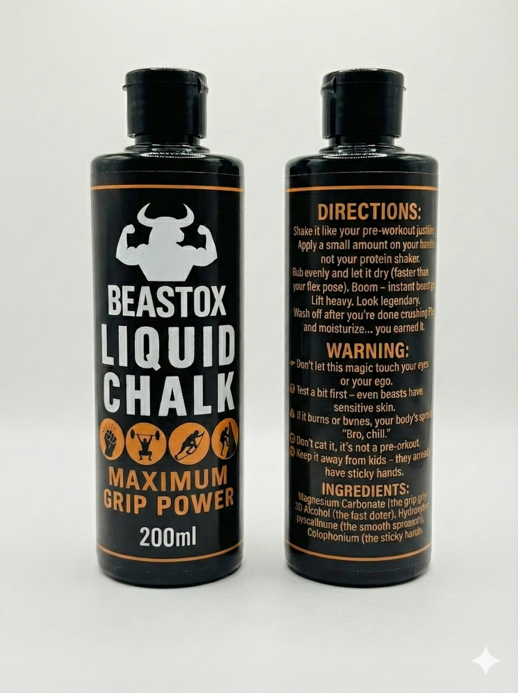 BEASTOX Liquid Chalk 200ml bottle showing front and back labels with maximum grip power for weightlifting, climbing, and gym workouts.
