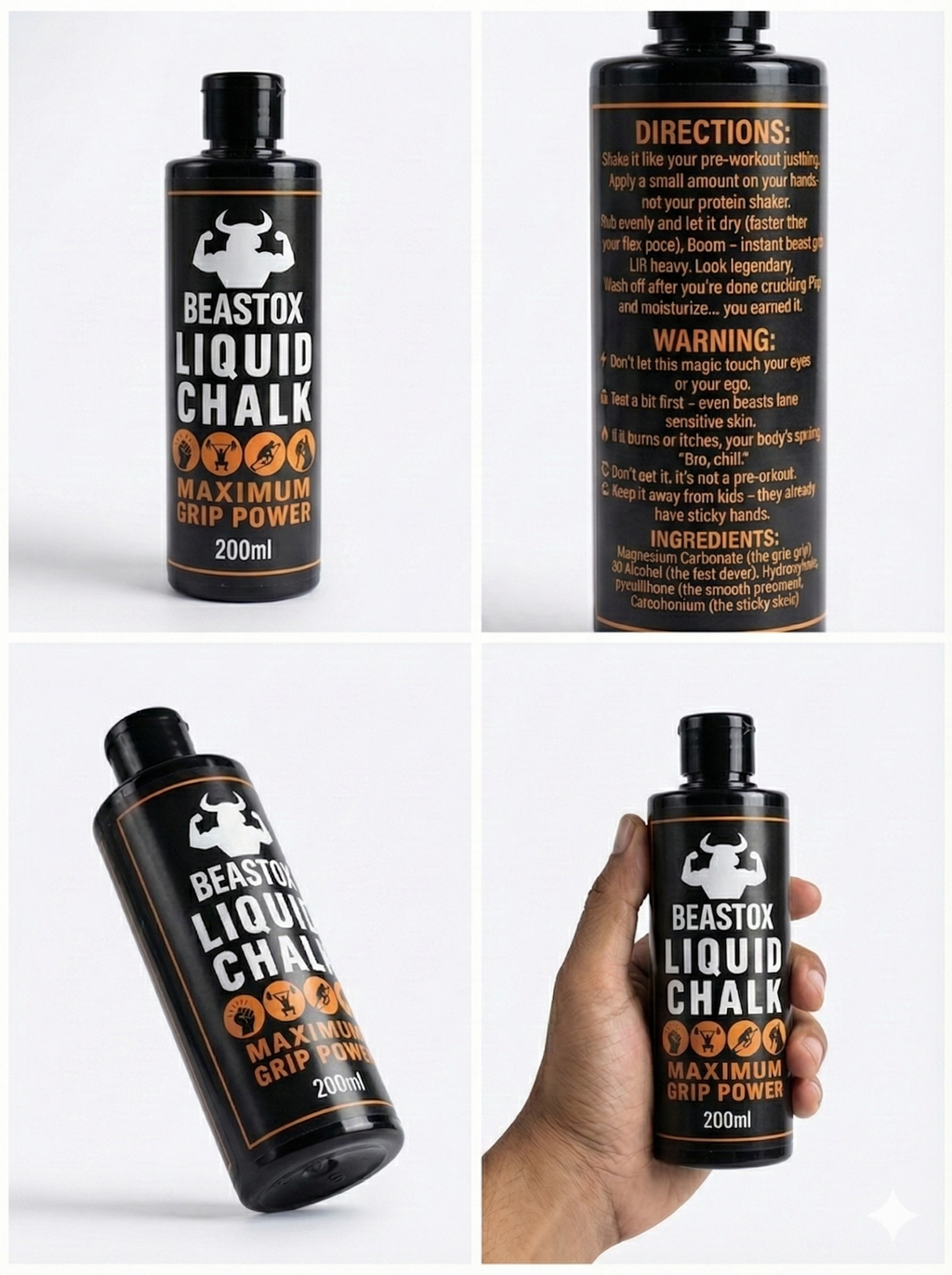 BEASTOX Liquid Chalk 200ml shown from multiple angles including hand-held view, highlighting grip-enhancing formula for athletic performance.