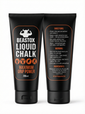Front and back view of BEASTOX Performance Liquid Chalk - 200ml Tube showing product label, usage directions, and ingredients for superior grip.