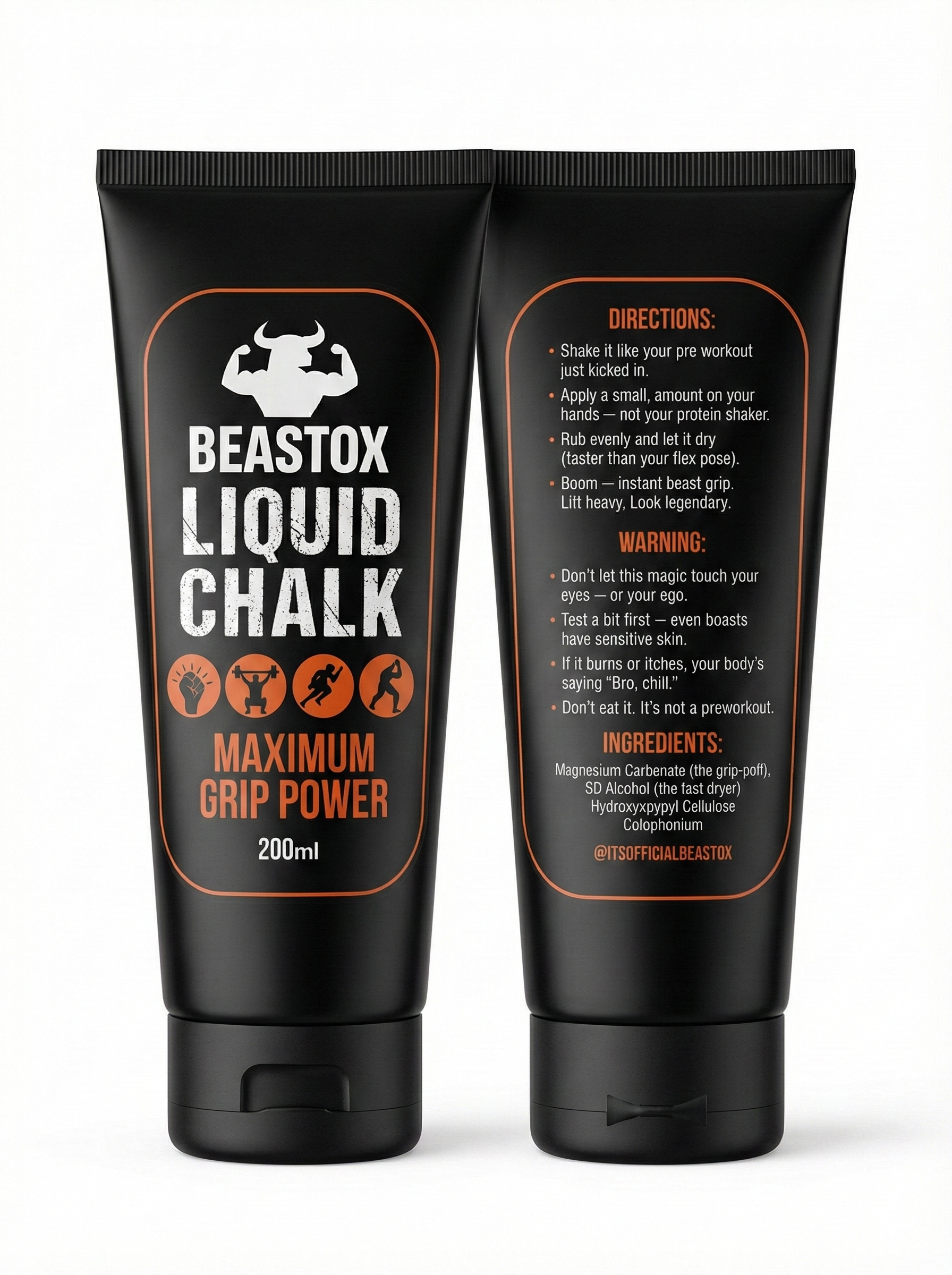 Front and back view of BEASTOX Performance Liquid Chalk - 200ml Tube showing product label, usage directions, and ingredients for superior grip.