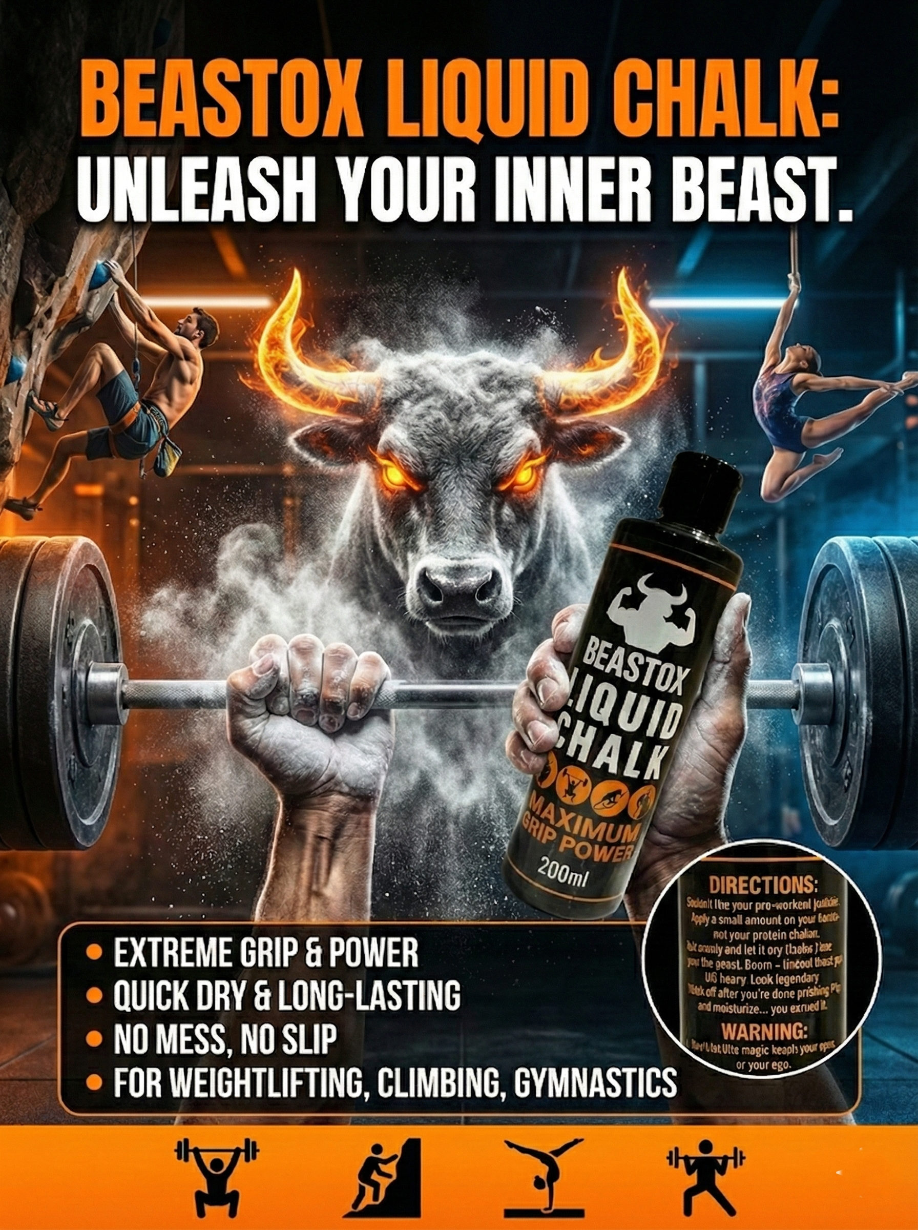 BEASTOX Liquid Chalk 200ml promotional poster featuring a fiery bull and athletes, emphasizing extreme grip for lifting, climbing, and gymnastics.