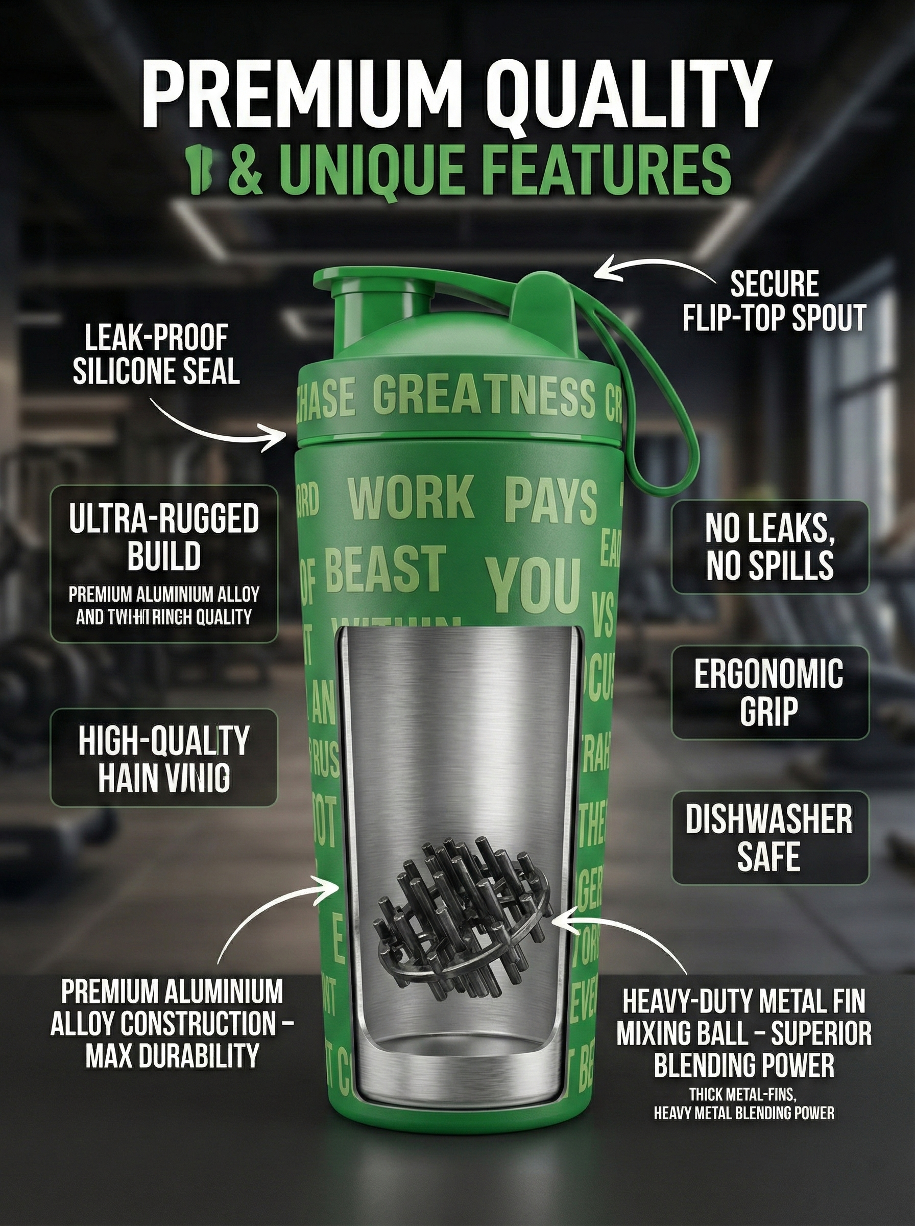 Premium feature breakdown of green BEASTOX Performance Shaker with aluminum lining, mixing fins, and ergonomic grip for gym performance.