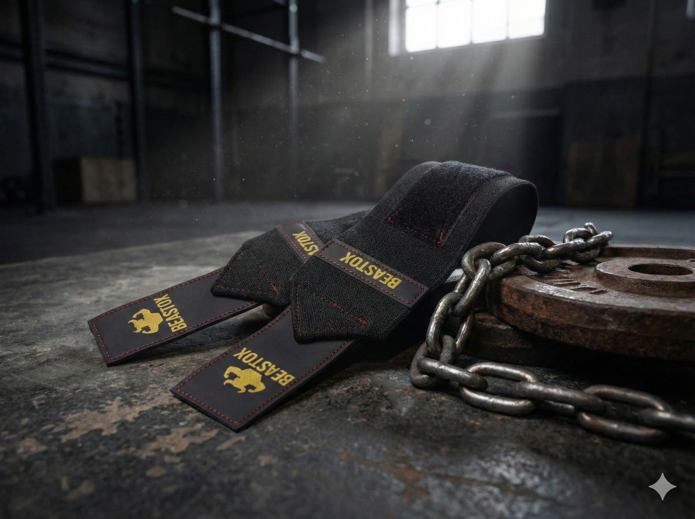BEASTOX Professional Wrist Wraps – Heavy Duty Black Gold Edition displayed in a gritty gym setting beside weight plates and chains, emphasizing durability.