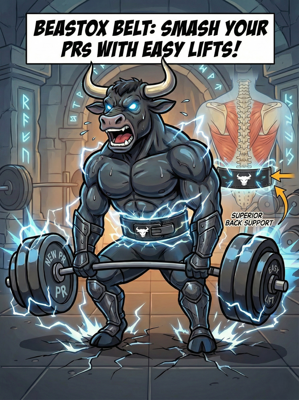Cartoon bull using BEASTOX Premium Leather Weight Lifting Belt while deadlifting, highlighting superior back support and power enhancement.