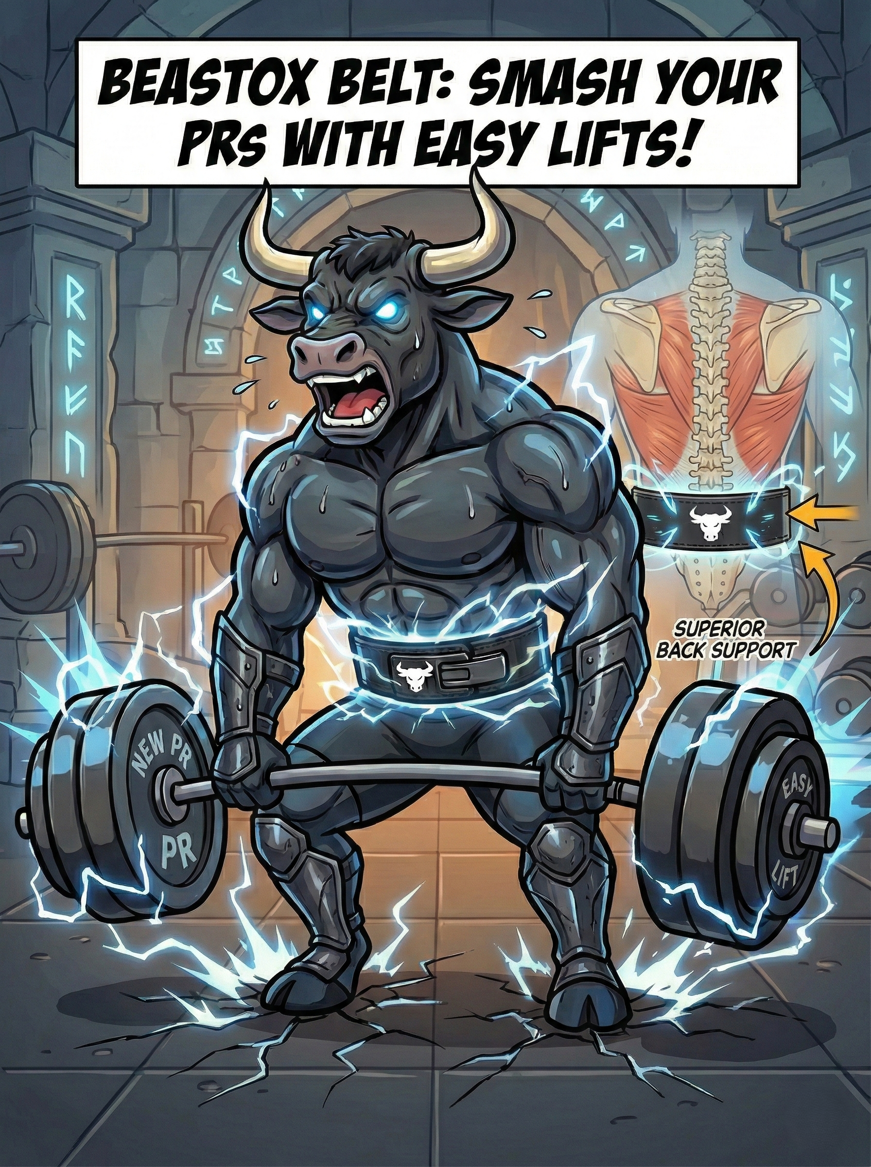Cartoon bull using BEASTOX Premium Leather Weight Lifting Belt while deadlifting, highlighting superior back support and power enhancement.