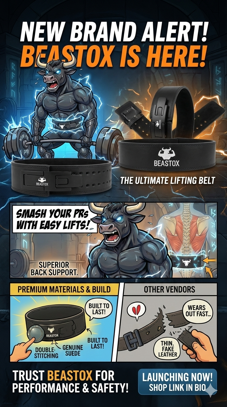 Promotional comic-style ad for BEASTOX Premium Leather Weight Lifting Belt, showcasing features like premium materials, quick-release buckle, and durability.