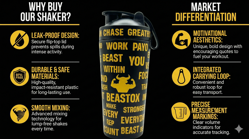 Infographic of black BEASTOX Performance Shaker highlighting leak-proof lid, BPA-free plastic, and motivational design for athletes.