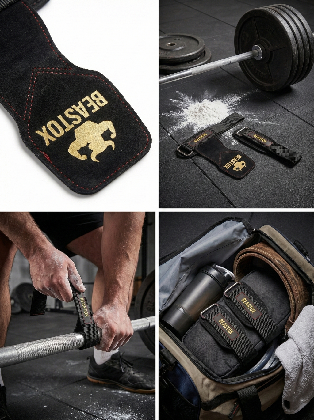 Collage of BEASTOX Pro Weight Lifting Straps in action and packed in a gym bag, highlighting durability and portability.