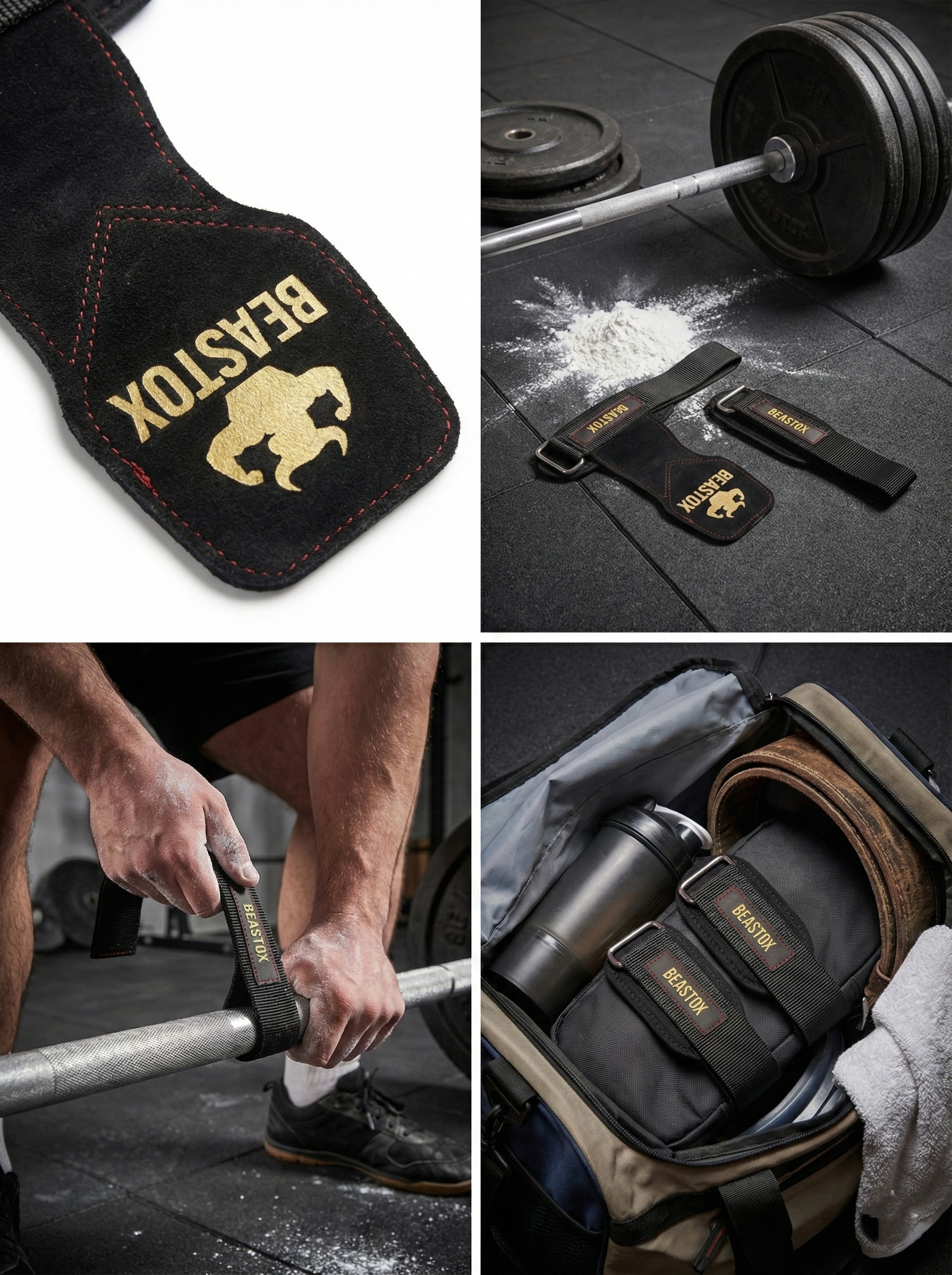 Collage of BEASTOX Pro Weight Lifting Straps in action and packed in a gym bag, highlighting durability and portability.