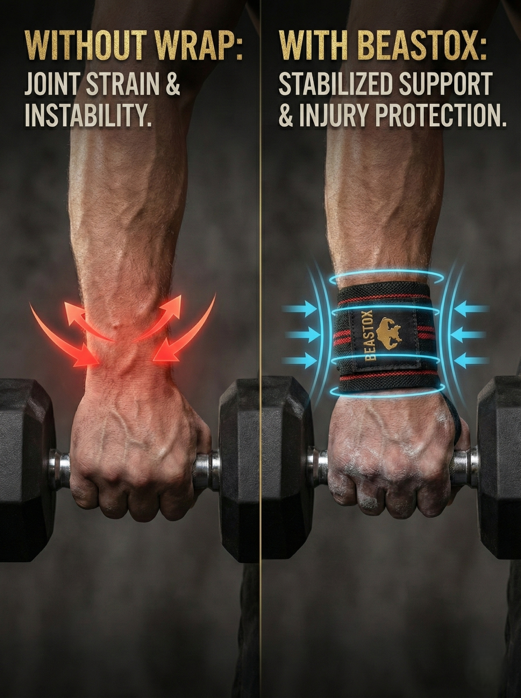 Comparison of lifting with and without BEASTOX Professional Wrist Wraps – Heavy Duty Black Gold Edition, showing improved wrist stability and injury prevention.