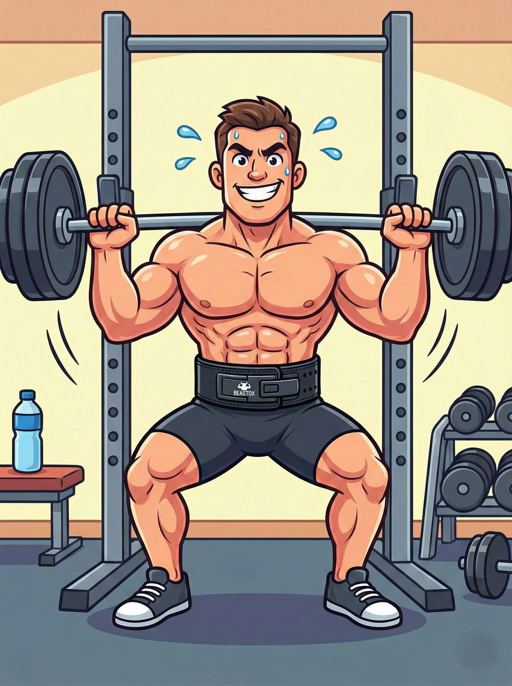 Cartoon man lifting weights in gym wearing BEASTOX Premium Leather Weight Lifting Belt, emphasizing core support and stability during squats.