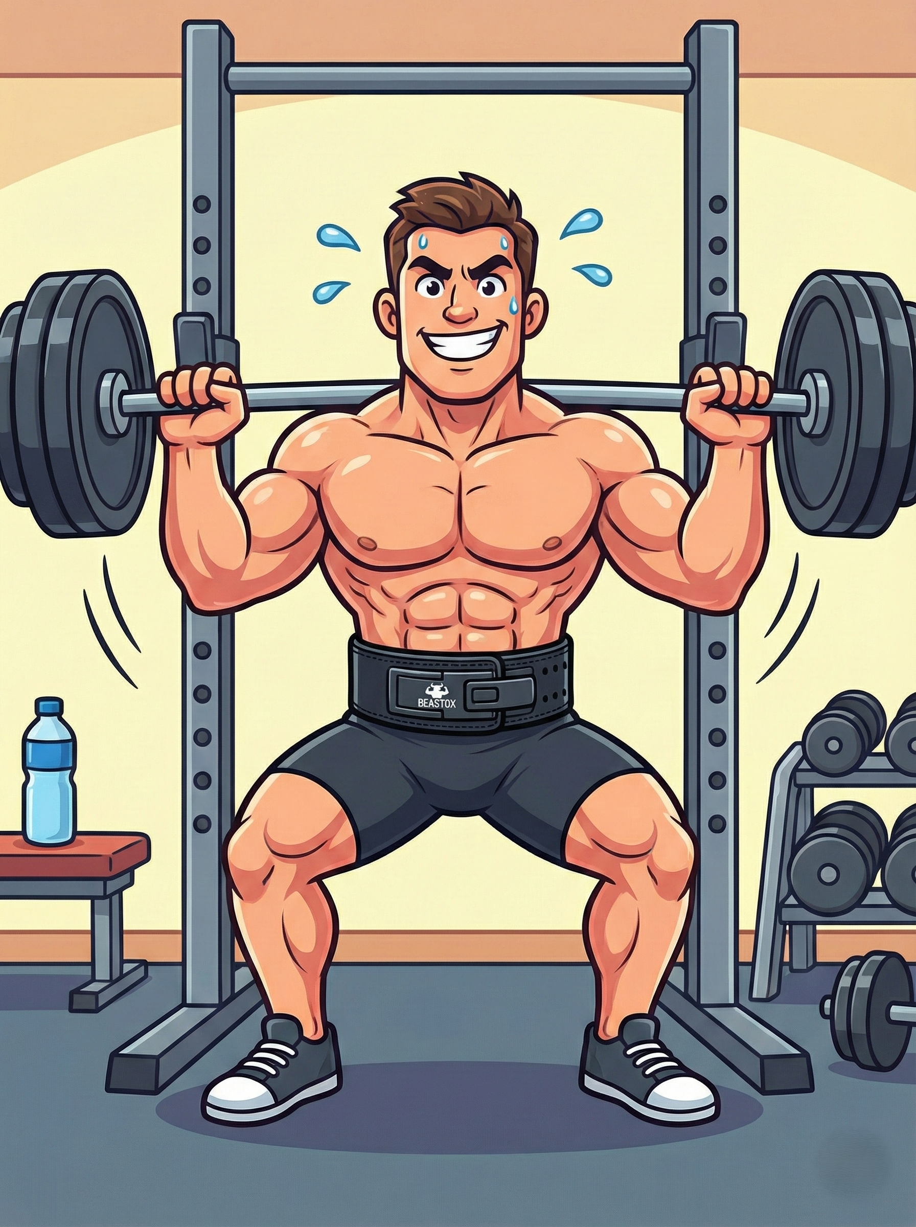 Cartoon man lifting weights in gym wearing BEASTOX Premium Leather Weight Lifting Belt, emphasizing core support and stability during squats.