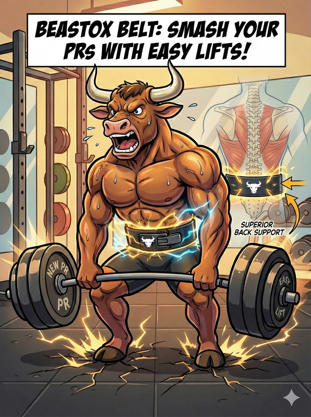Illustrated bull lifting weights with BEASTOX Premium Leather Weight Lifting Belt, highlighting superior back support and easy personal record lifts.