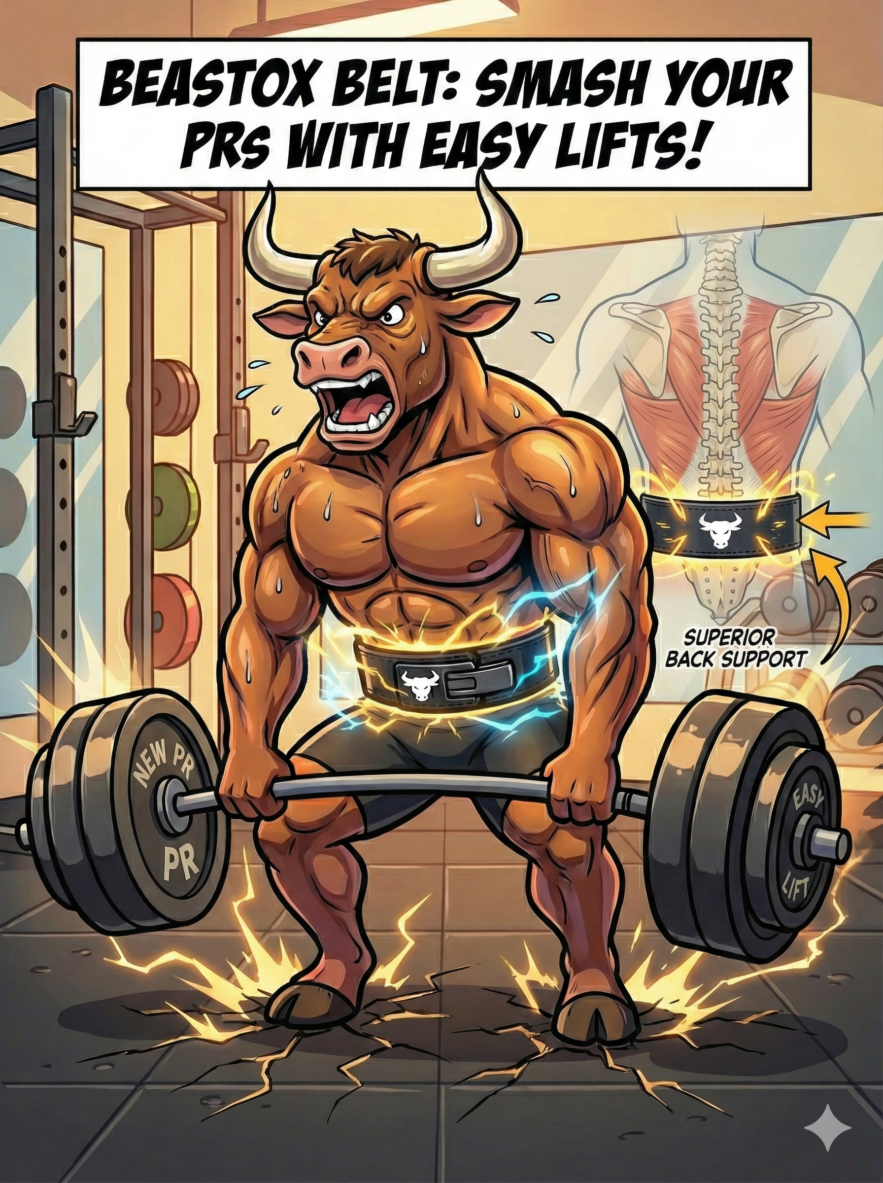 Illustrated bull lifting weights with BEASTOX Premium Leather Weight Lifting Belt, highlighting superior back support and easy personal record lifts.