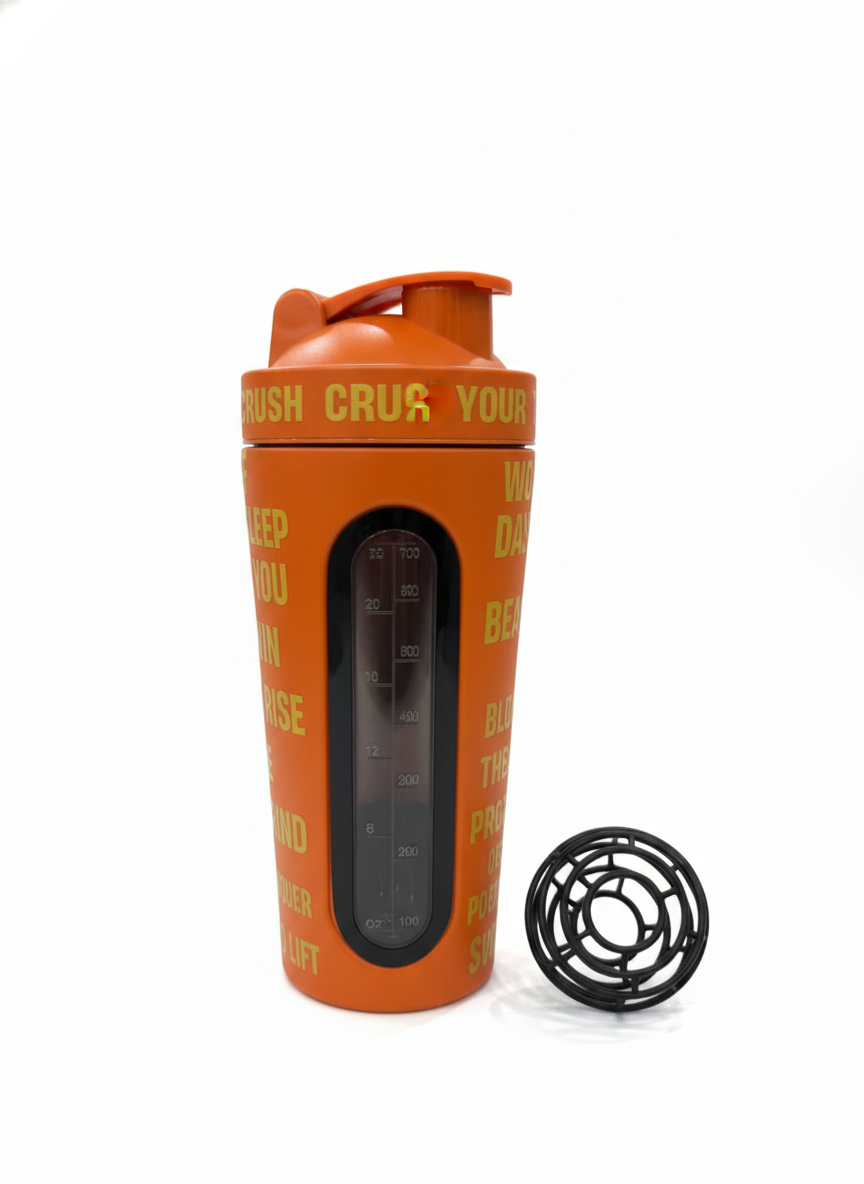 Orange BEASTOX Performance Shaker with clear measurement window and mixing ball, designed for accurate tracking and smooth blending.
