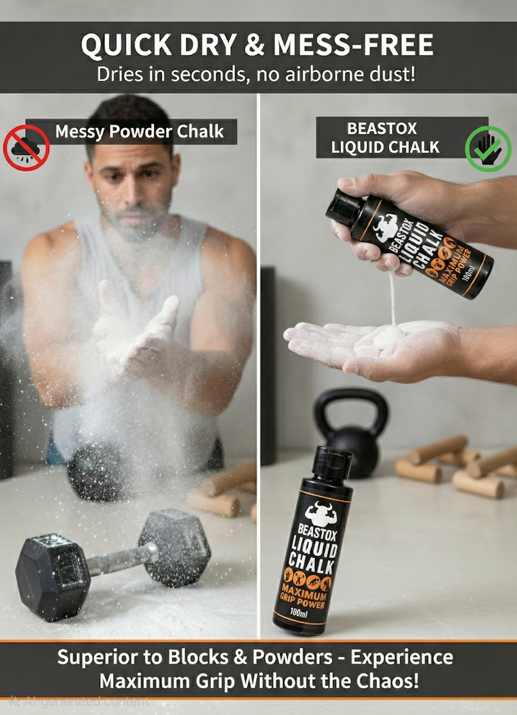 Comparison of BEASTOX Liquid Chalk vs powder chalk, highlighting quick-dry, no airborne dust, and superior grip for fitness training.