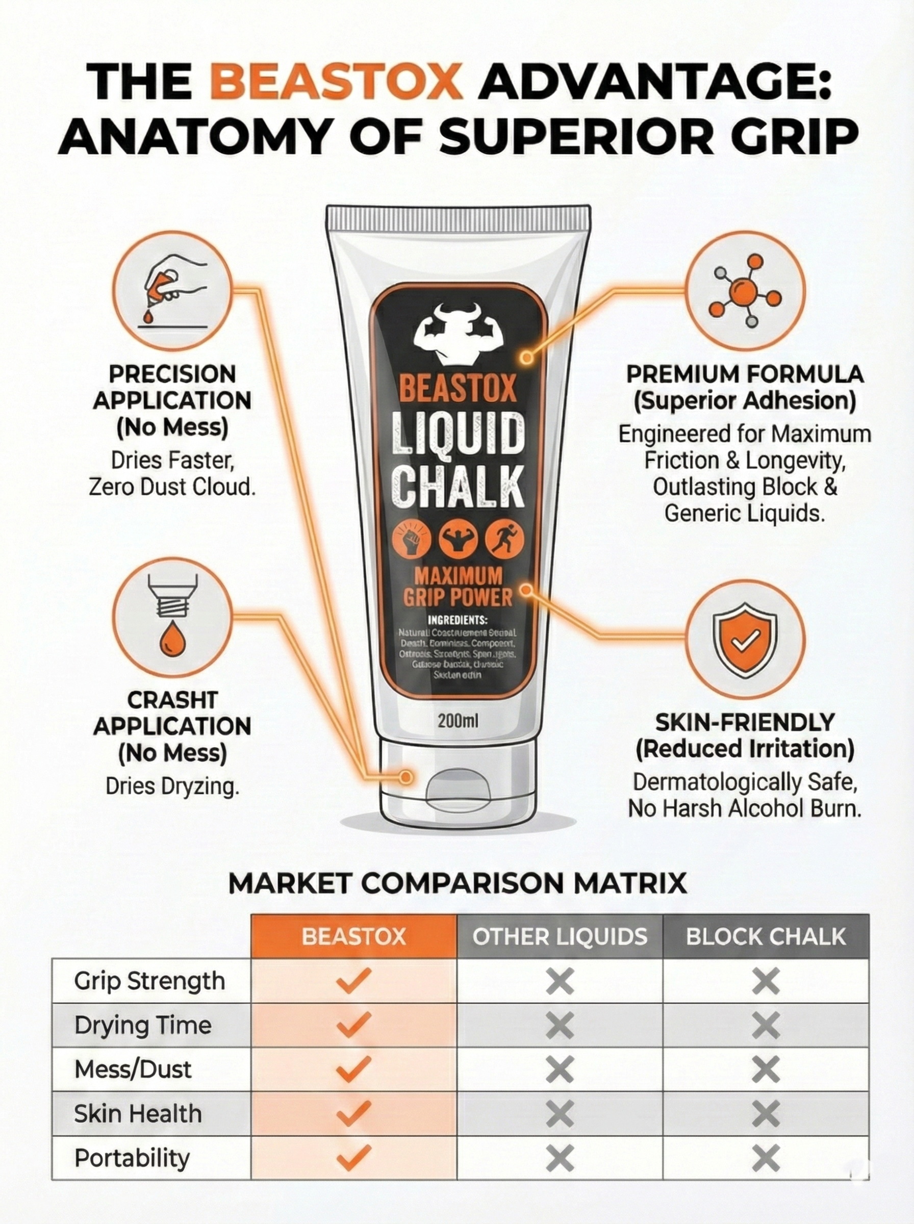 Infographic comparing BEASTOX Performance Liquid Chalk - 200ml Tube with other grip products, highlighting superior adhesion, skin safety, and zero dust.