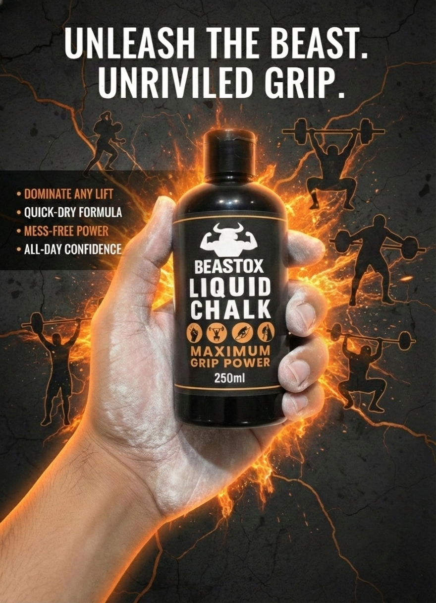 Hand holding Beast Ox Liquid Chalk 250ml with fiery background, promoting maximum grip power for intense weightlifting and fitness workouts.
