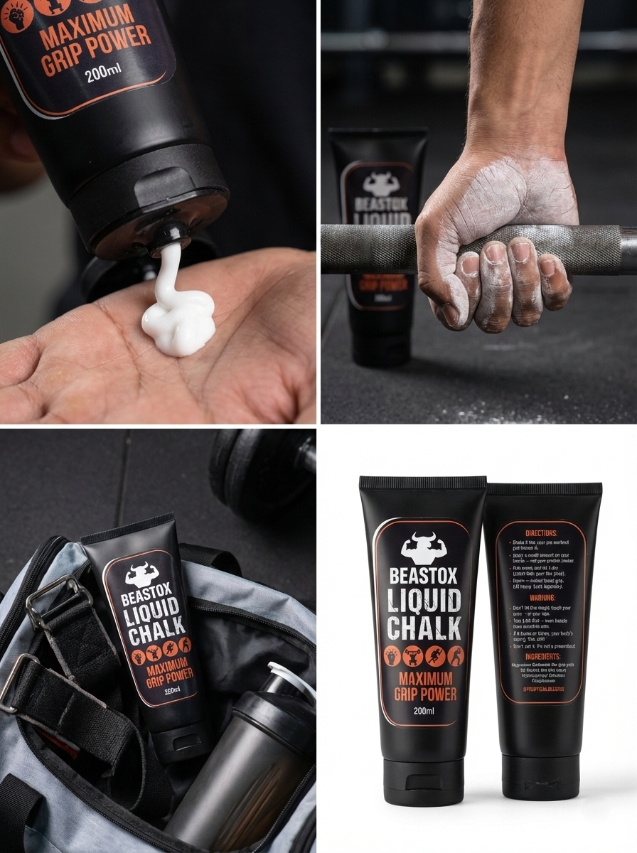 Collage showing BEASTOX Performance Liquid Chalk - 200ml Tube being applied, used on barbell, packed in gym bag, and product details on back label.