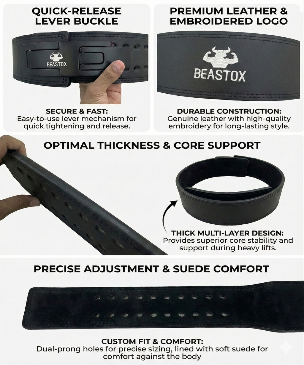 Close-up product features of BEASTOX Premium Leather Weight Lifting Belt, including lever buckle, thick core support, and suede interior for comfort.