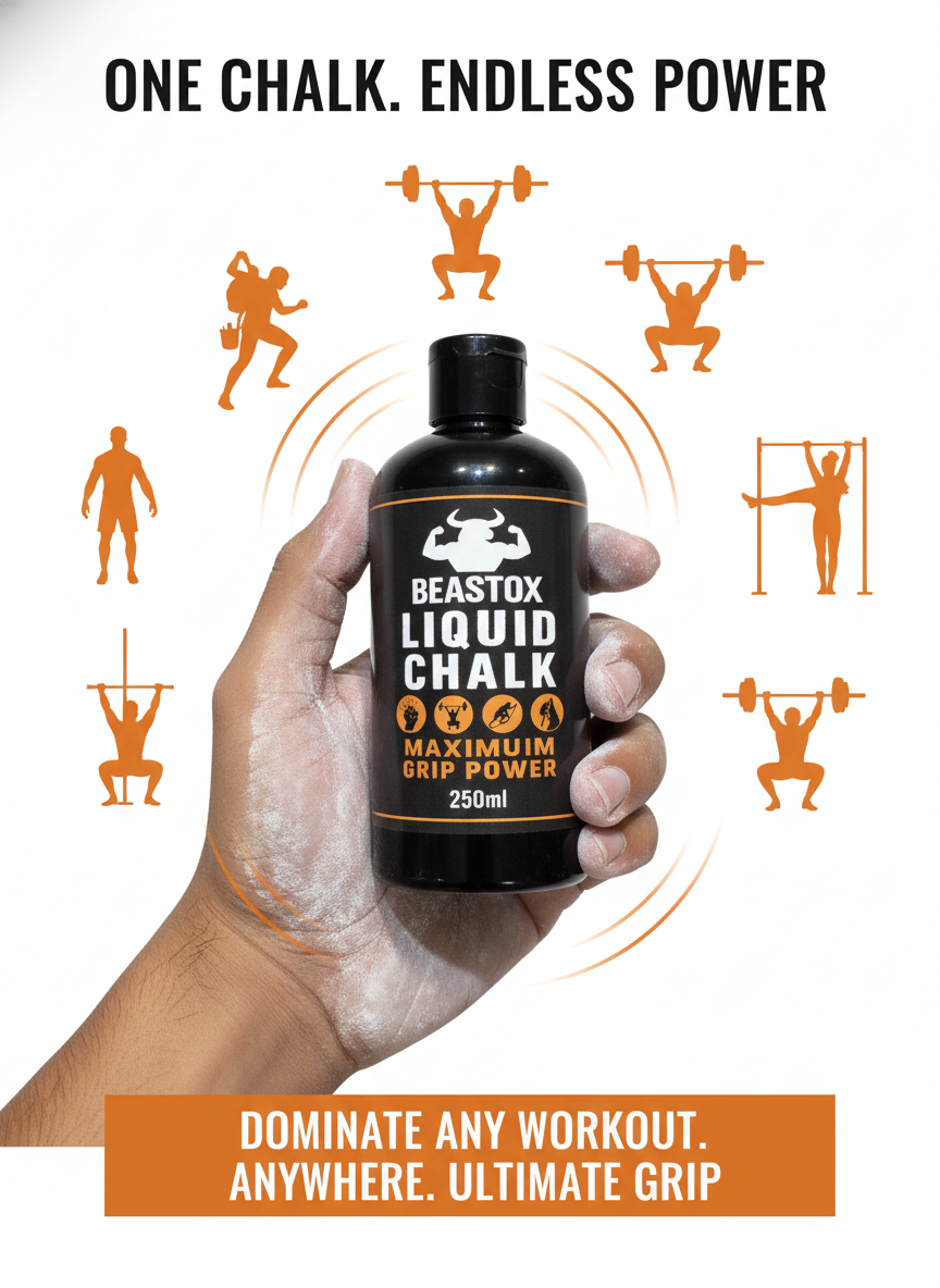 Beast Ox Liquid Chalk 250ml held in chalk-covered hand with workout icons, showcasing all-day grip power for various strength training exercises.